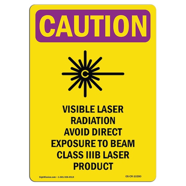OSHA RADIATION Sign, Visible Laser Radiation W/ Symbol, 10in X 7in Aluminum, 10" H, 7" W, Portrait